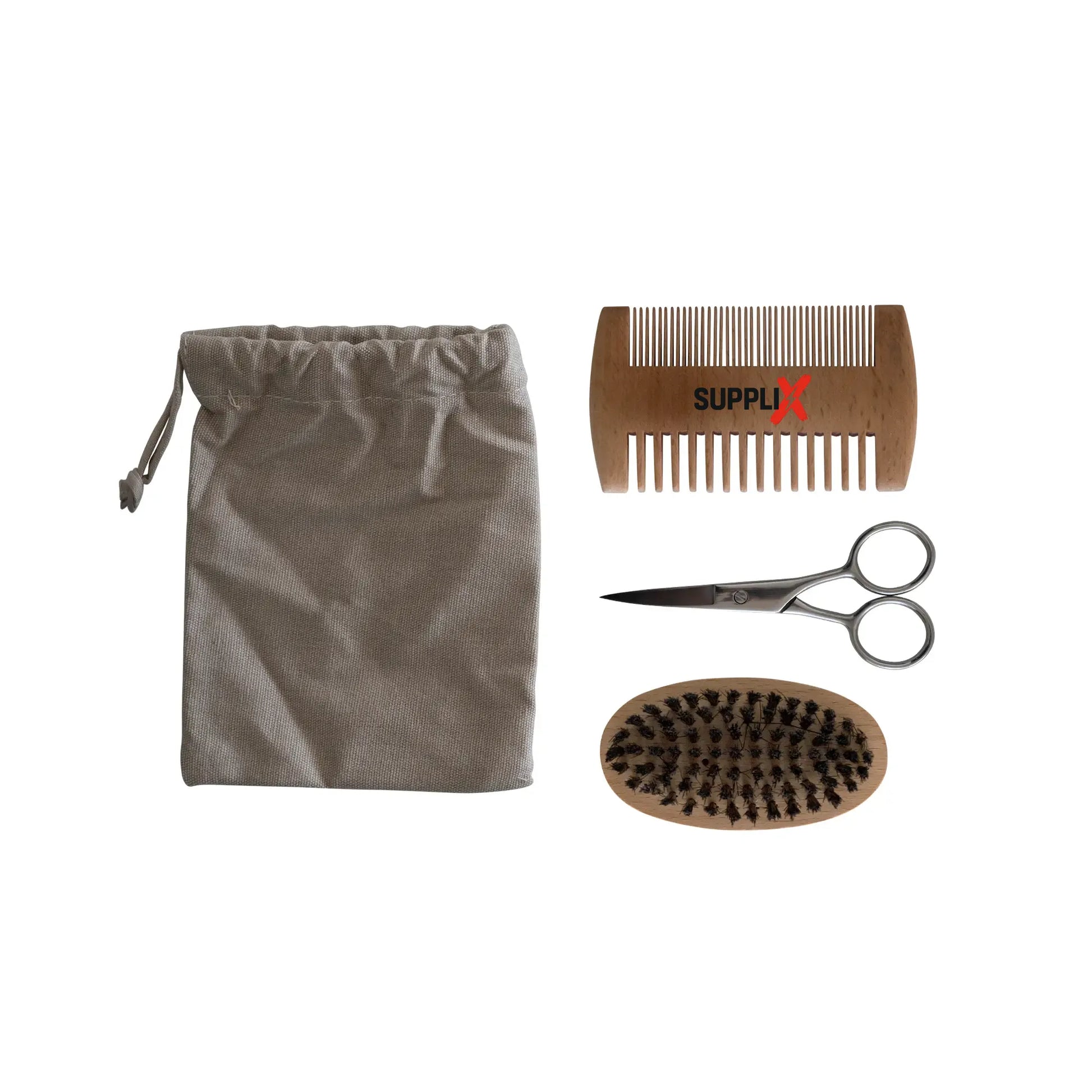 Close-up of SUPPLI-X Men's Grooming Kit featuring sharp stainless steel scissors, natural bamboo comb, and beechwood brush fo