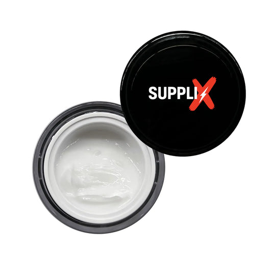 Sleek tube of SUPPLI-X Active Eye Cream featuring lightweight, non-greasy formula enriched with Panthenol and cucumber extrac