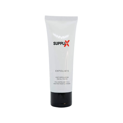Vibrant tube of SUPPLI-X Mint Exfoliating Facial Polish surrounded by fresh mint leaves and glowing skin model, highlighting 