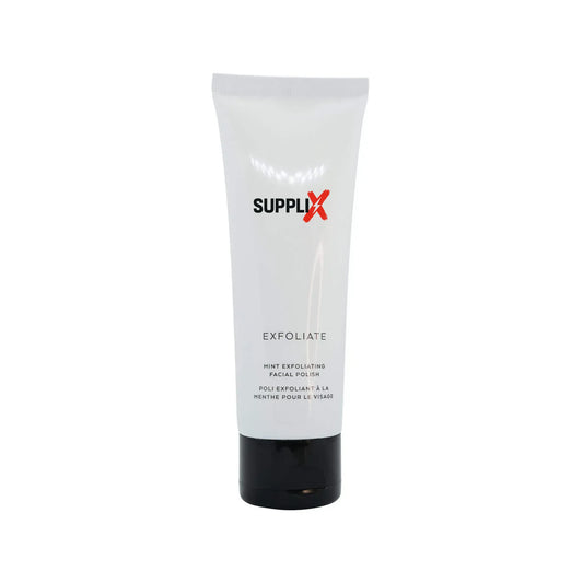 Vibrant tube of SUPPLI-X Mint Exfoliating Facial Polish surrounded by fresh mint leaves and glowing skin model, highlighting 