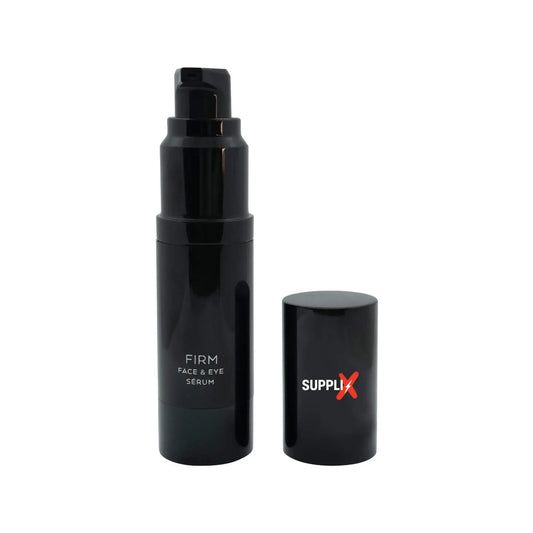 Close-up of SUPPLI-X Firm Serum bottle with glowing cucumber extract droplets, showcasing vegan anti-aging formula reducing u