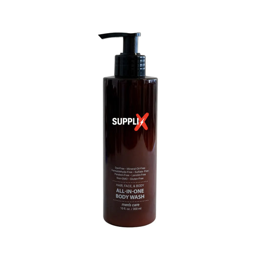 Bottle of SUPPLI-X squalane-infused all-in-one body wash with certified organic ingredients, delivering hydrating cleanse and