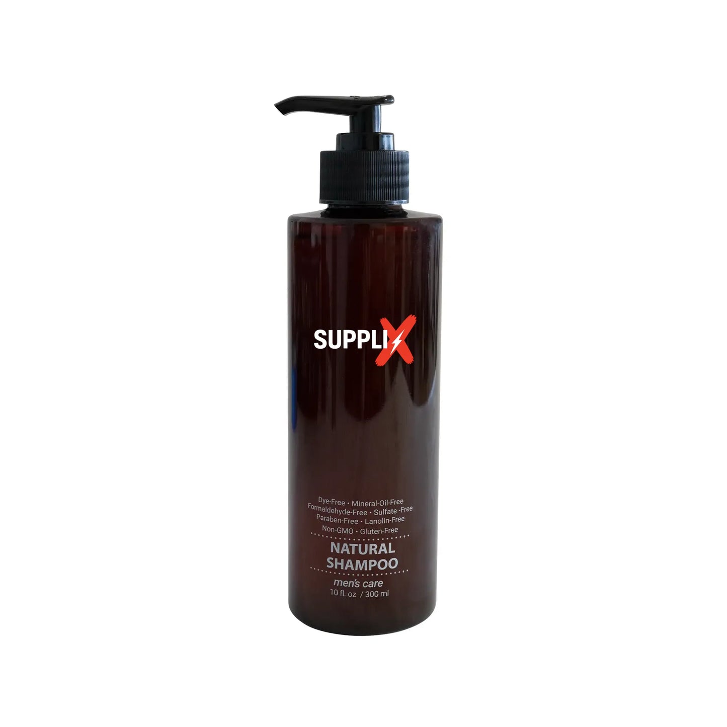 Clear bottle of SUPPLI-X Men's Shampoo featuring certified organic lavender, chamomile, and hops extracts, deeply cleansing s