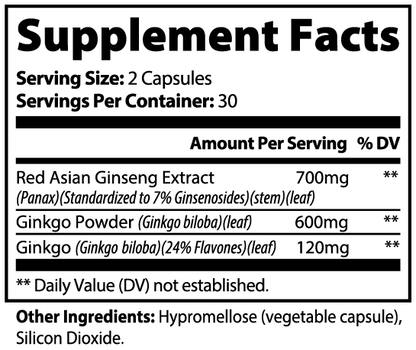 SUPPLI-X Ginkgo Biloba + Ginseng | Memory, Focus & Circulation | 60 Capsules