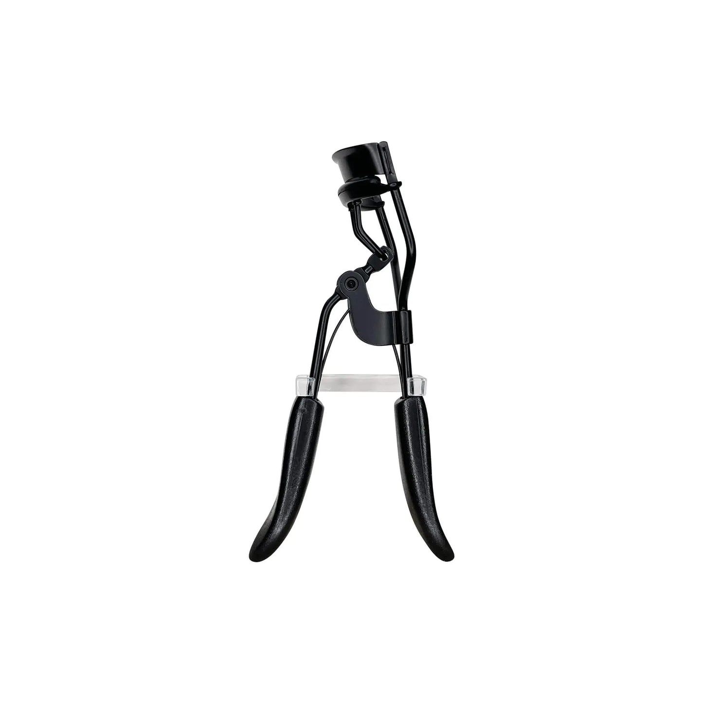 Close-up of SUPPLI-X padded eyelash curler with silicone padding and contoured clamp, curling natural lashes to dramatic flai