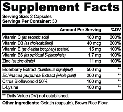 SUPPLI-X Vitamin C, D3 & Zinc Complex | Elderberry & Echinacea | 60 Capsules