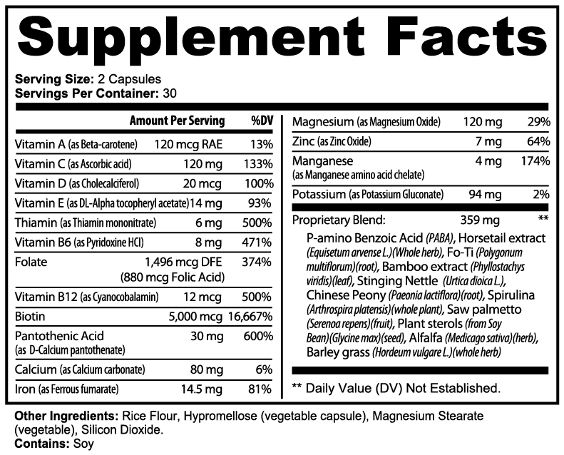 SUPPLI-X Hair, Skin & Nails Essentials Supplement Facts label