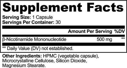 SUPPLI-X NMN 500mg – Supplement Facts label: 500 mg β-Nicotinamide Mononucleotide per capsule, 30 servings