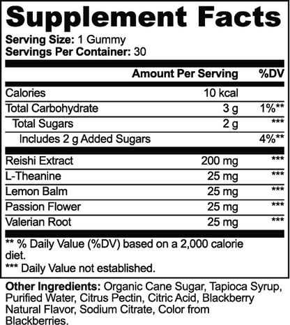 SUPPLI-X CalmForge Reishi Gummies Supplement Facts: reishi extract 200 mg, L-theanine, lemon balm, passion flower and valerian root 25 mg each per gummy