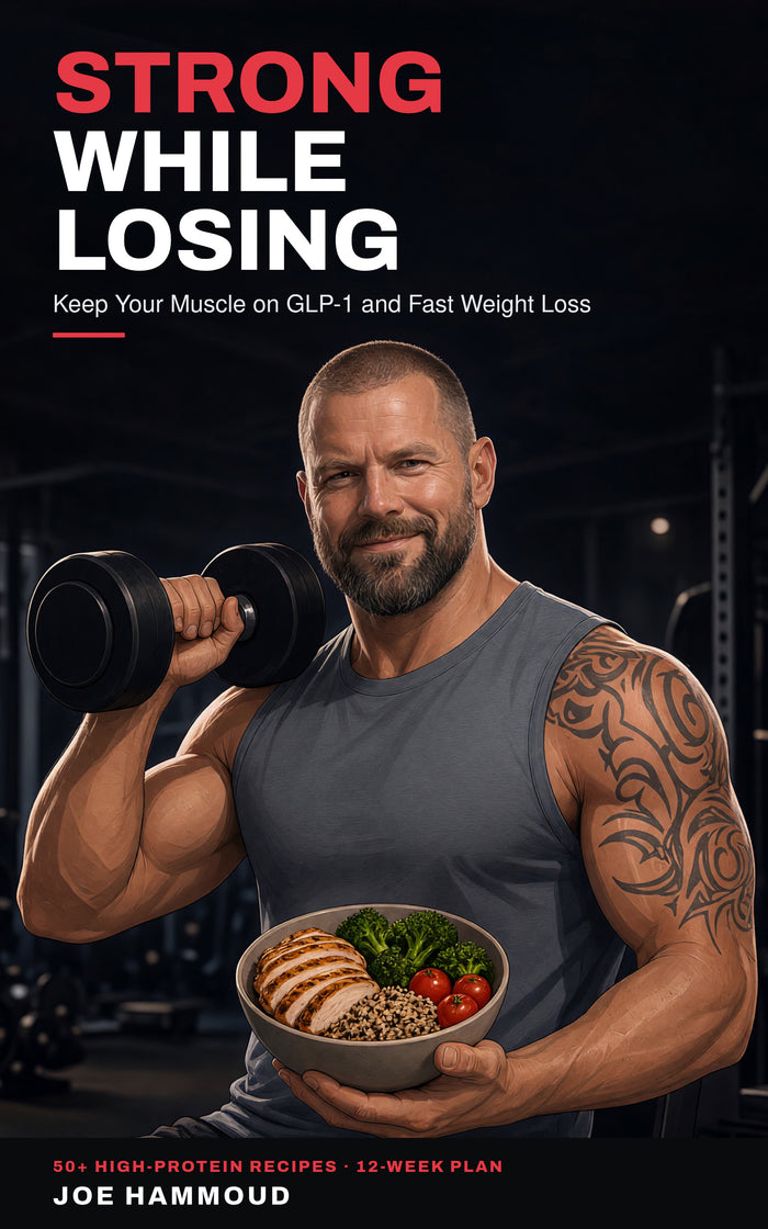 Book cover of Strong While Losing by Joe Hammoud: illustrated man in a gym holding a dumbbell and a bowl of grilled chicken, quinoa, broccoli and tomatoes (AI-generated illustration)