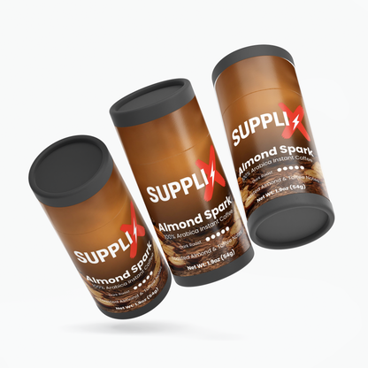 SUPPLI-X Almond Spark instant coffee tube with scoop and QR code for brew tips