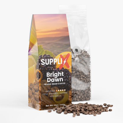 SUPPLI-X Bright Dawn whole bean coffee bag with roasted coffee beans