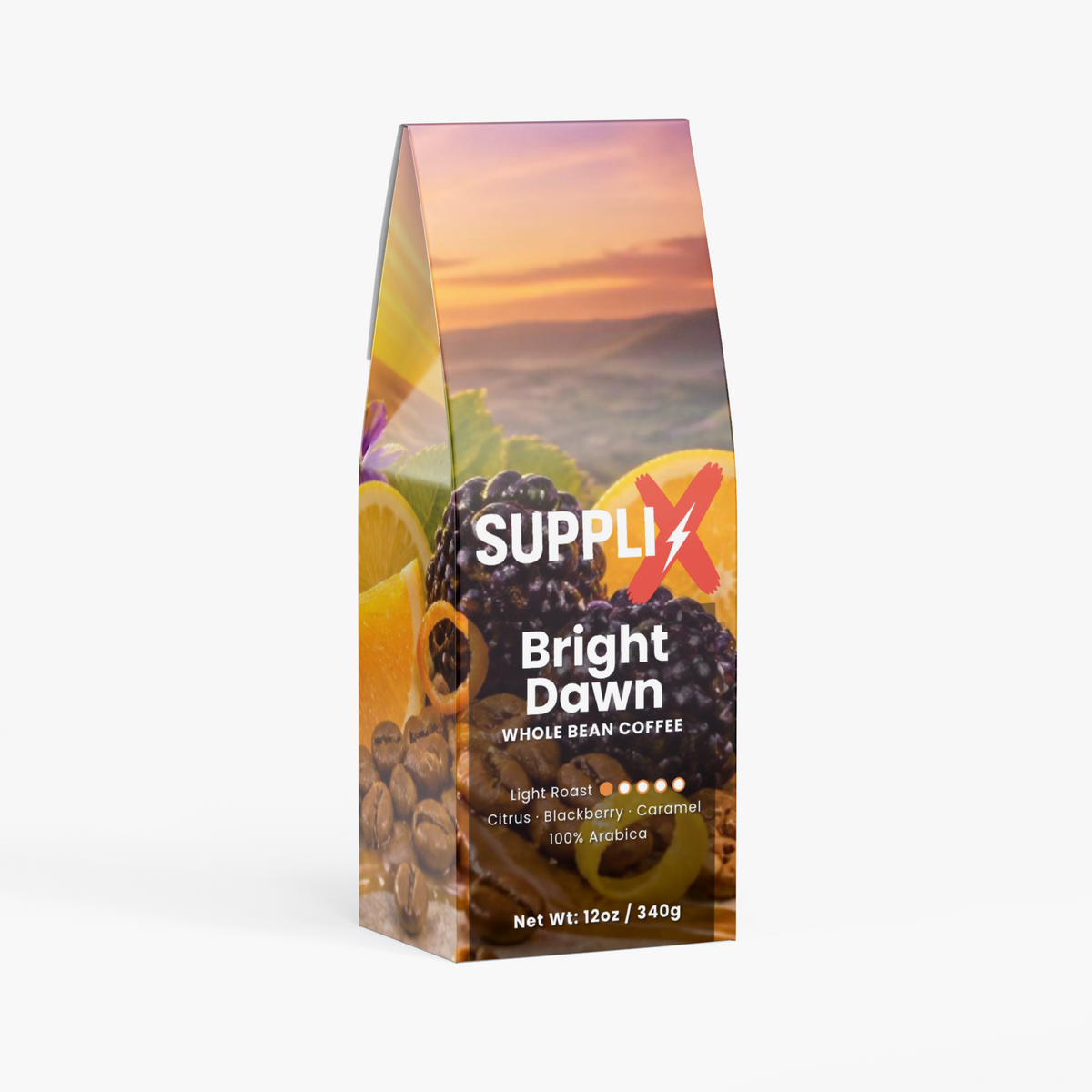 SUPPLI-X Bright Dawn light roast whole bean coffee 12 oz bag, front view