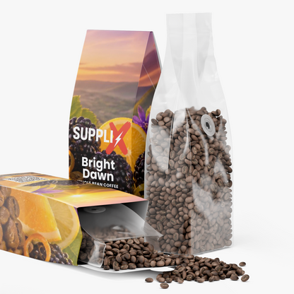 SUPPLI-X Bright Dawn citrus, blackberry and caramel coffee packaging with coffee beans