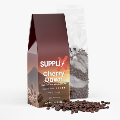 SUPPLI-X Cherry Dawn whole bean coffee bag with roasted coffee beans