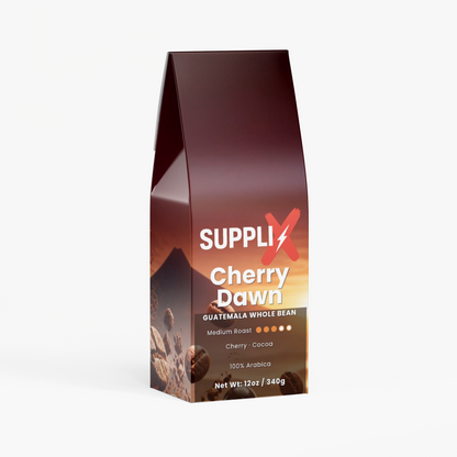 SUPPLI-X Cherry Dawn single-origin Guatemala medium roast whole bean coffee 12 oz bag, front view