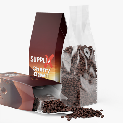 SUPPLI-X Cherry Dawn cocoa and black cherry coffee packaging with coffee beans