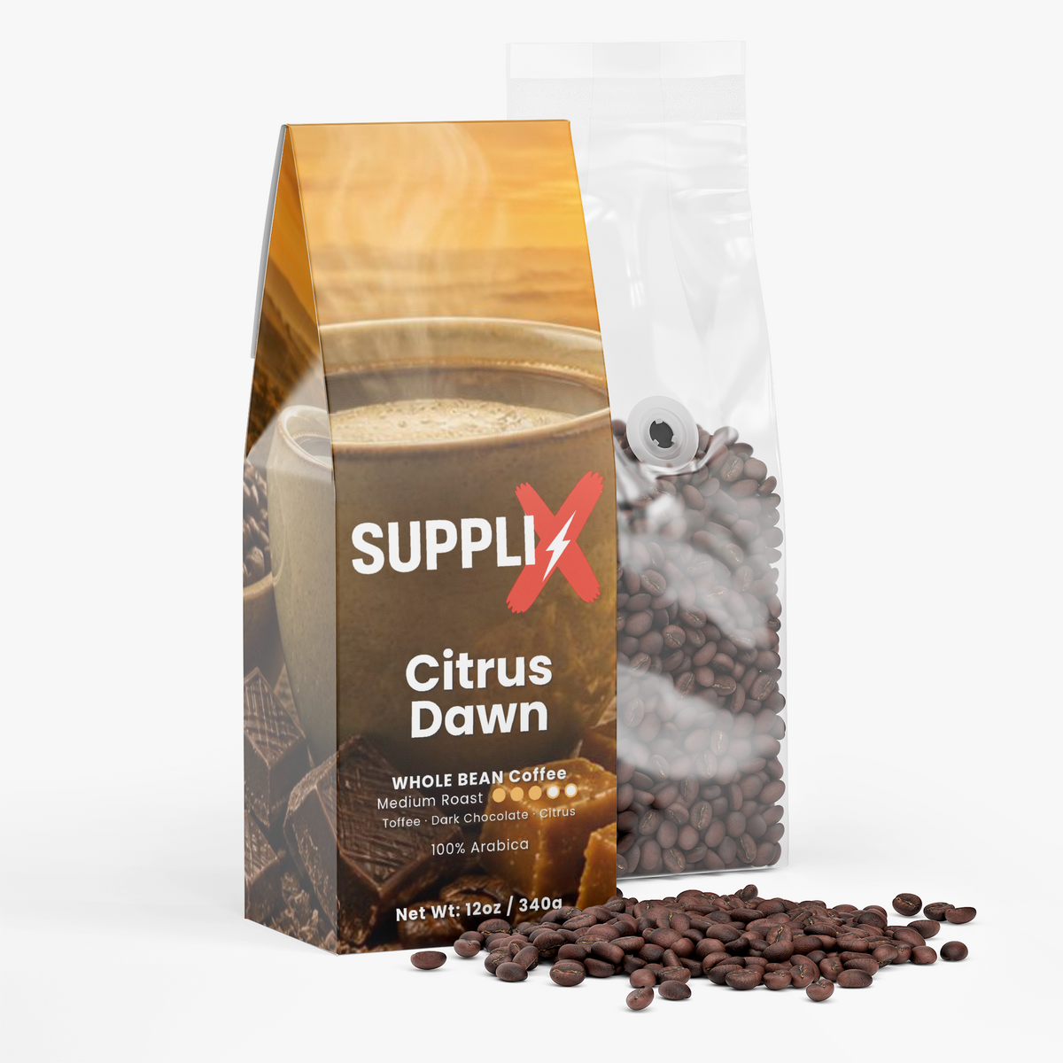 SUPPLI-X Citrus Dawn whole bean coffee bag with coffee beans