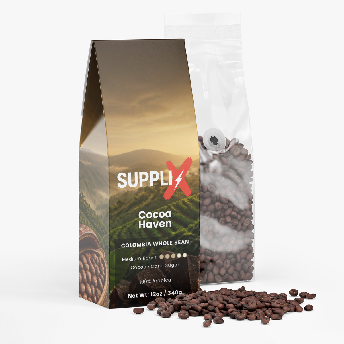 SUPPLI-X Cocoa Haven whole bean coffee bag with roasted coffee beans