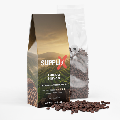 SUPPLI-X Cocoa Haven whole bean coffee bag with roasted coffee beans