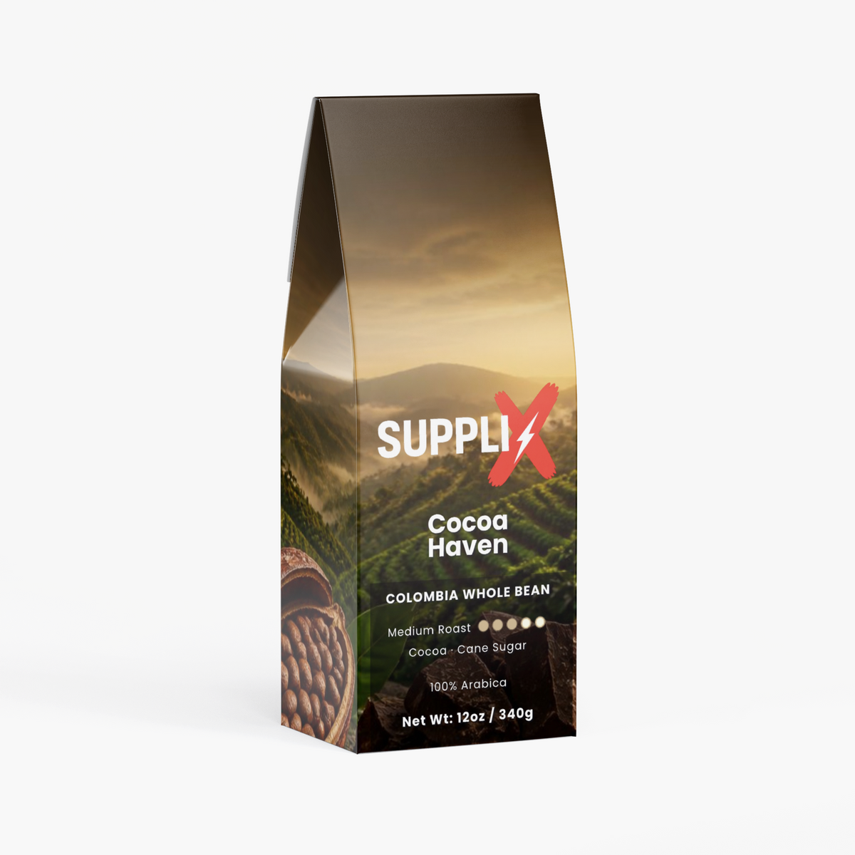 SUPPLI-X Cocoa Haven single-origin Colombia medium roast whole bean coffee 12 oz bag, front view