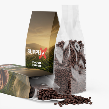 SUPPLI-X Cocoa Haven cocoa and cane sugar coffee packaging with coffee beans