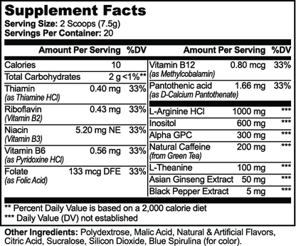 SUPPLI-X Focus Powder Sour Gummi Worm Supplement Facts – 300mg Alpha-GPC, 200mg natural caffeine, 100mg L-Theanine per 2 scoops