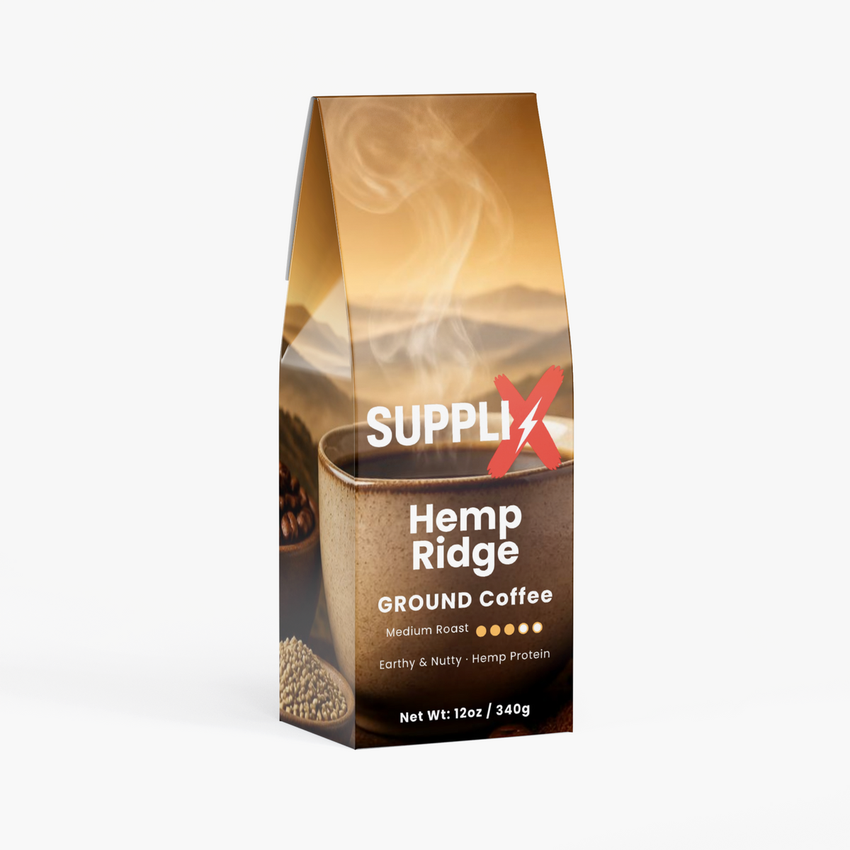 SUPPLI-X Hemp Ridge medium roast ground coffee with hemp protein, 12 oz bag