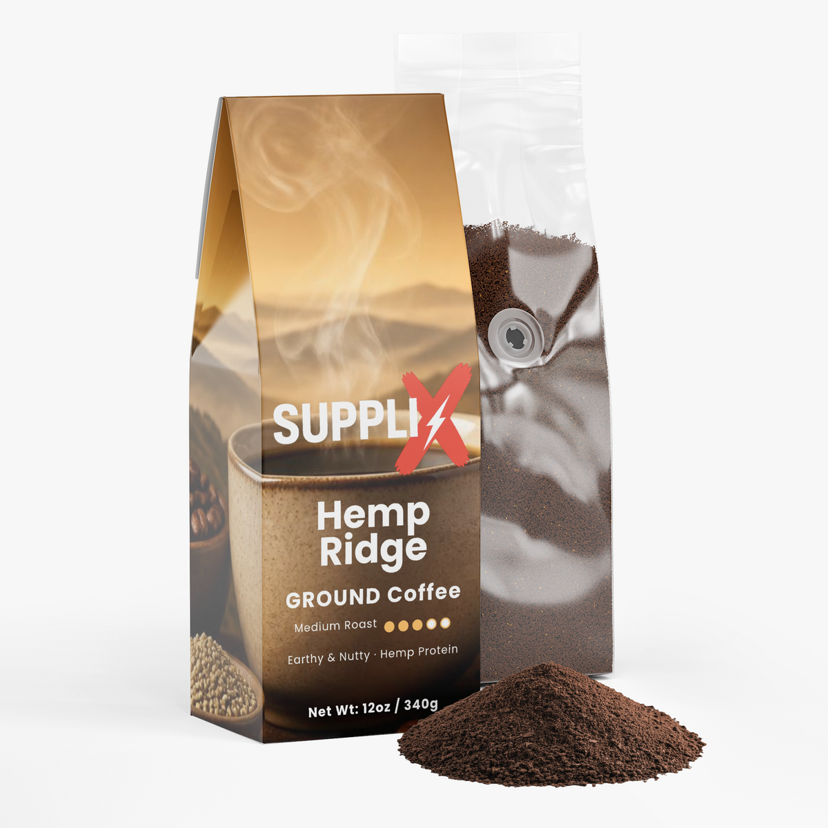 SUPPLI-X Hemp Ridge ground coffee bag with fresh ground coffee