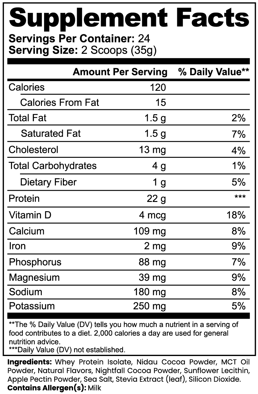 SUPPLI-X IsoForge Whey Isolate Chocolate Supplement Facts – 22g protein, 120 calories per 2 scoops