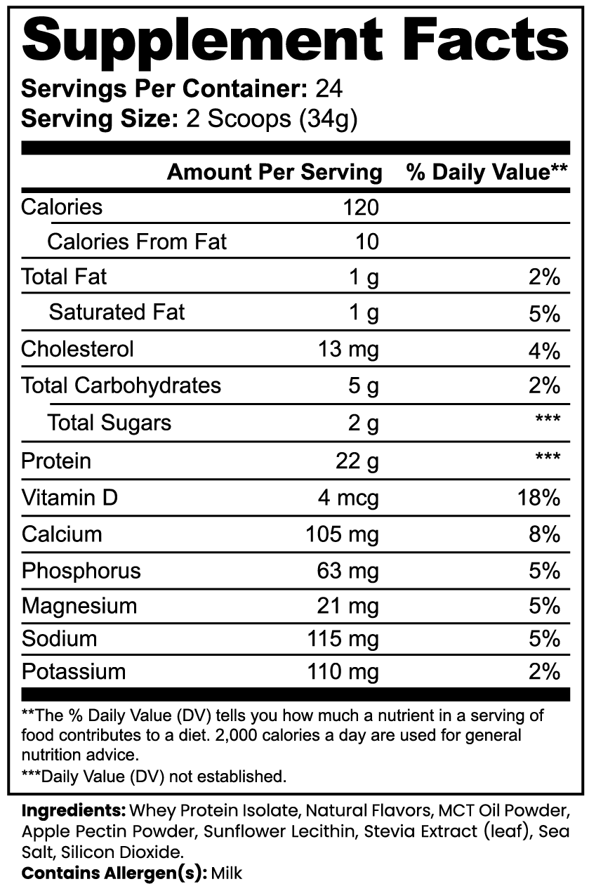SUPPLI-X IsoForge Whey Isolate Vanilla Supplement Facts – 22g protein, 120 calories per 2 scoops