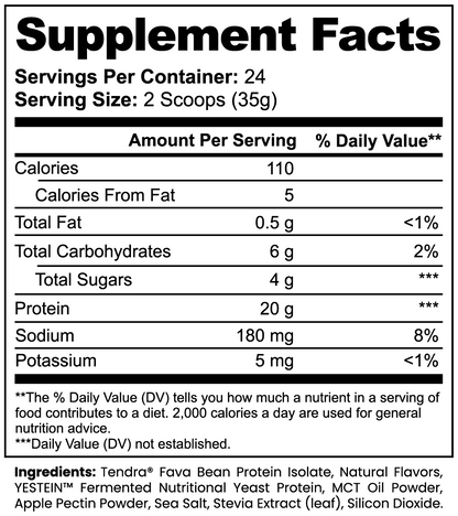 SUPPLI-X PlantForge Vegan Protein Vanilla Supplement Facts – 20g protein, 110 calories per 2 scoops