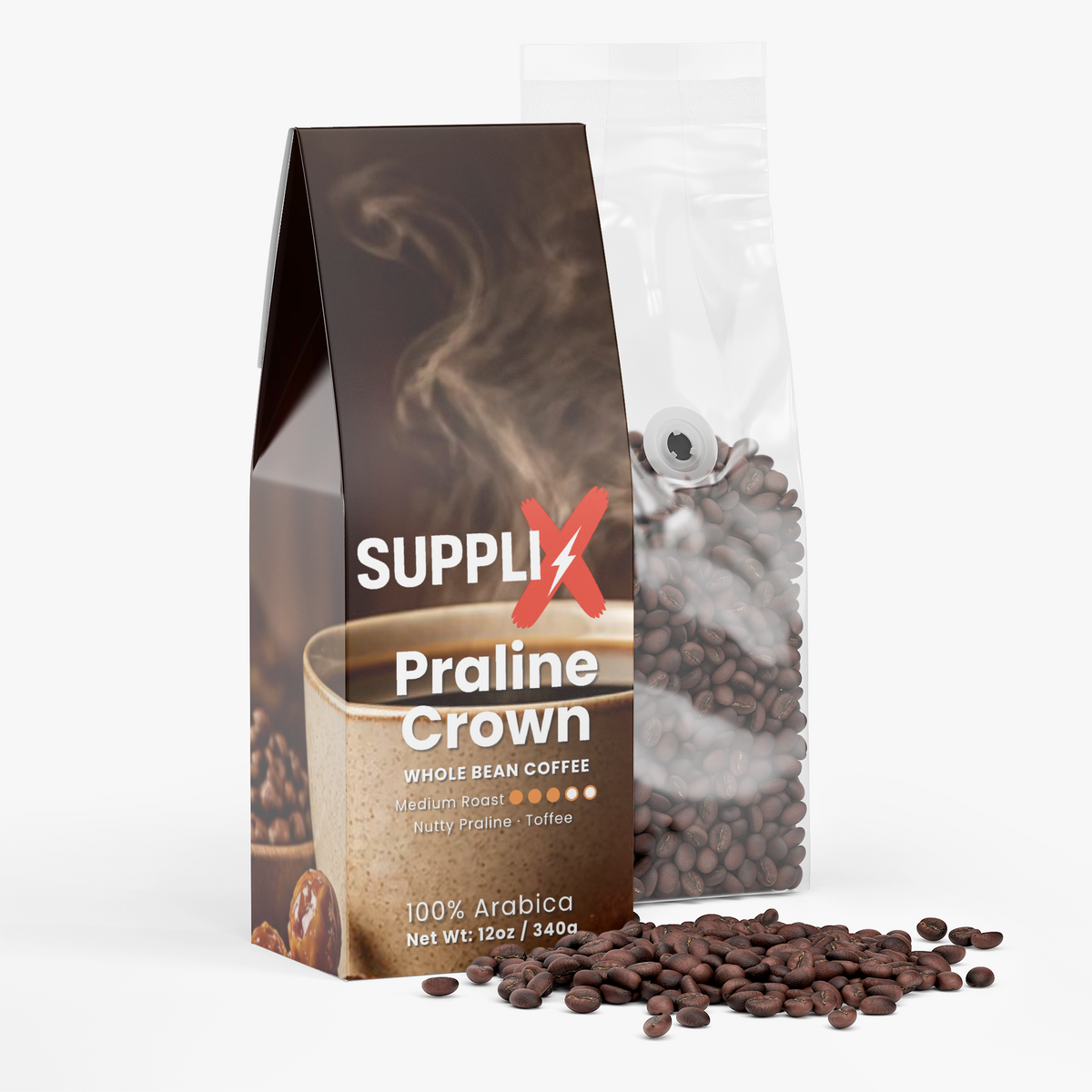 SUPPLI-X Praline Crown whole bean coffee bag with roasted coffee beans