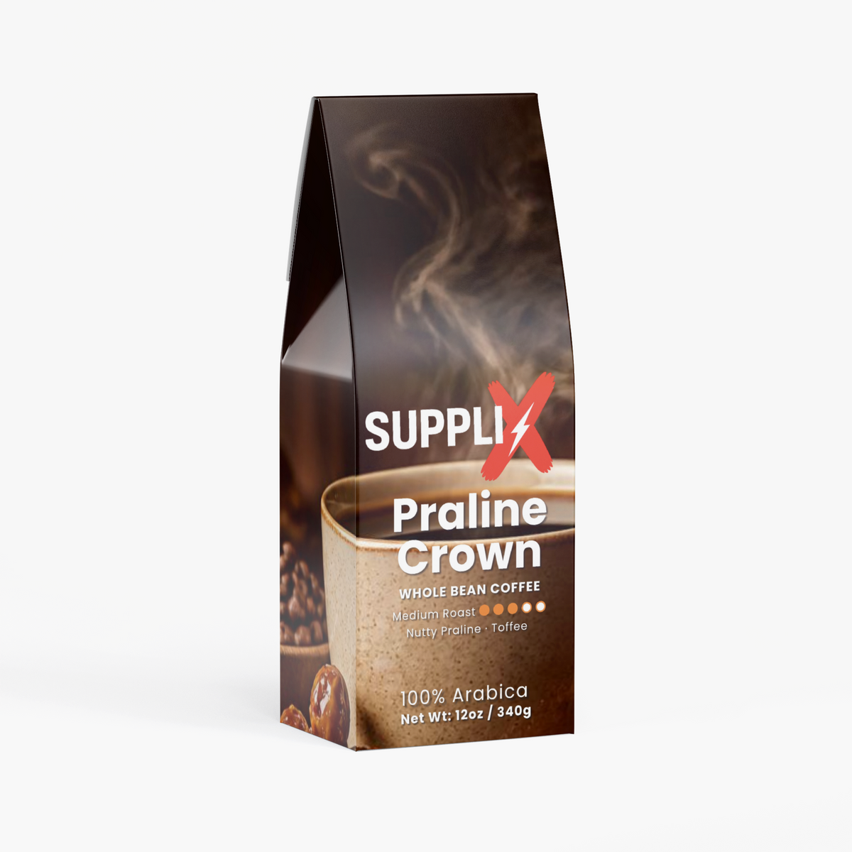 SUPPLI-X Praline Crown medium roast whole bean coffee 12 oz bag, front view
