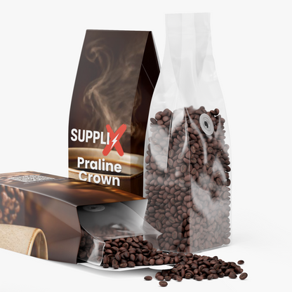 SUPPLI-X Praline Crown nutty praline and toffee coffee packaging with coffee beans