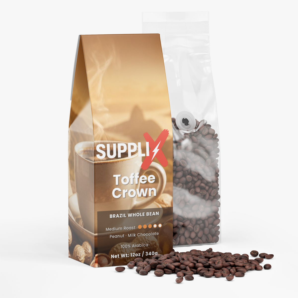 SUPPLI-X Toffee Crown whole bean coffee bag with roasted coffee beans