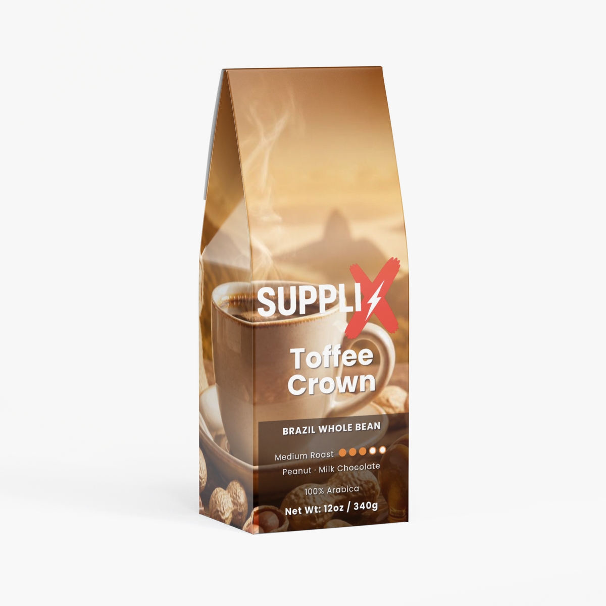 SUPPLI-X Toffee Crown single-origin Brazil medium roast whole bean coffee 12 oz bag, front view