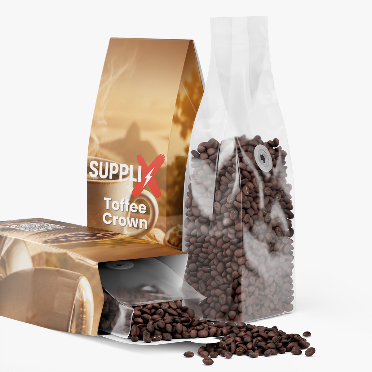 SUPPLI-X Toffee Crown peanut and milk chocolate coffee packaging with coffee beans
