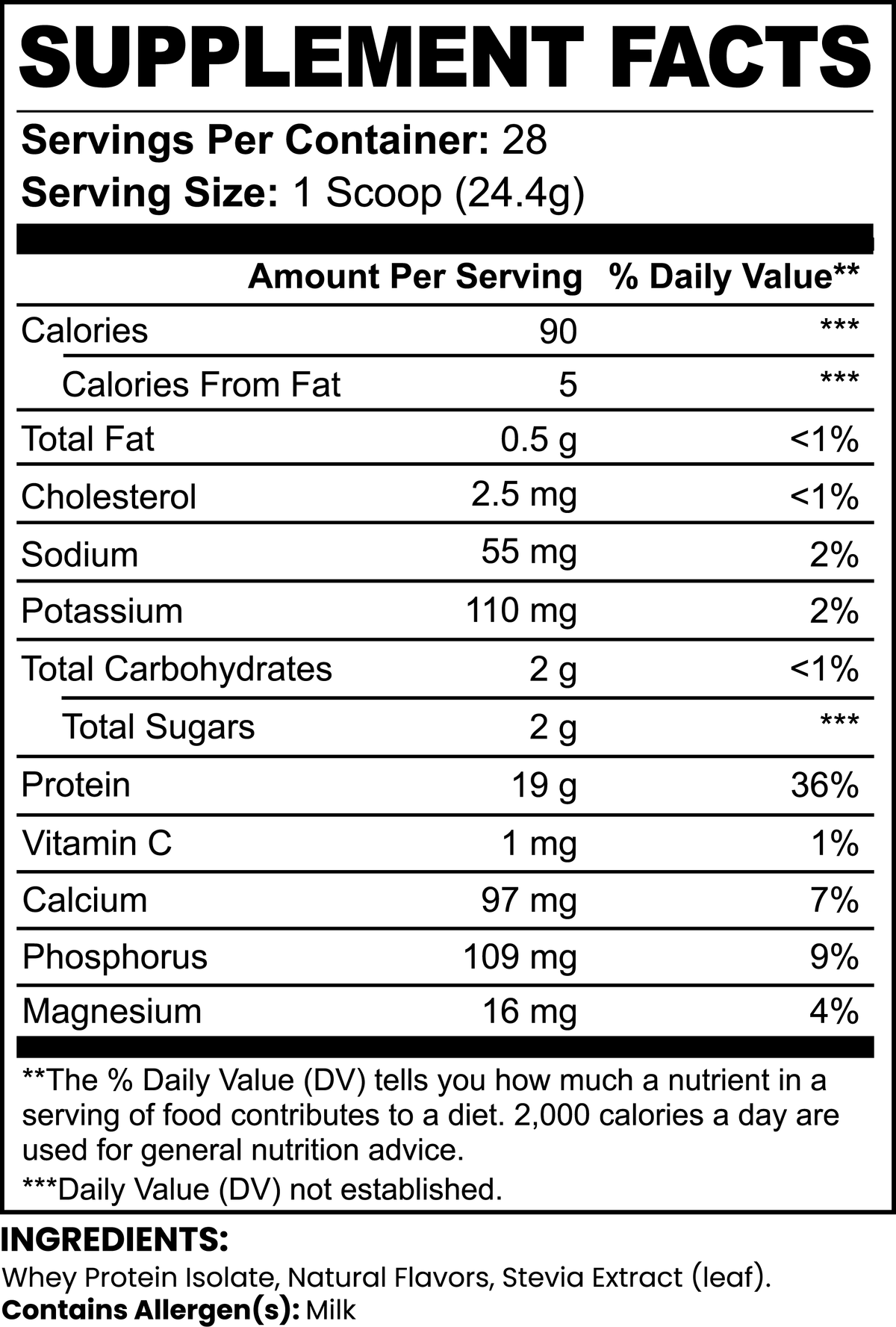 SUPPLI-X TriForge Whey Isolate Vanilla Supplement Facts – 19g protein, 90 calories per scoop